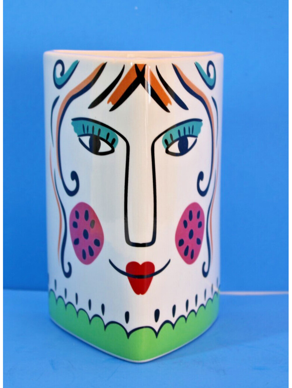 Vtg MCM Picasso-style Abstract Two-Sided Face Whimsical Triangle Vase 6.5" VGC